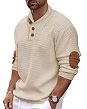 Beotyshow Mens Shawl Collar Pullover Sweaters Textured Cable Knit Lightweight Sweater with Elbow Patches Khaki