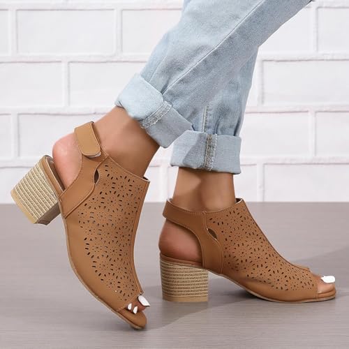 Ladies Cut Out Peep Toe Sandals Slingback Chunky Stacked Heel Ankle Booties Shoes Ankle Strap Low Heel Dress Pumps Sandals4