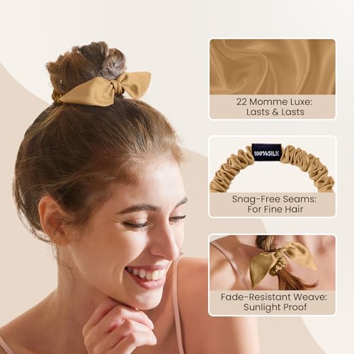 Image of THXSILK 100% Mulberry Silk Bow Scrunchies 3-Pack, 22 Momme Mulberry Silk Hair Ties for Women, Cute Bunny Ear No Damage Ponytail Holders, Fashion Hair Accessories for Girls(S, Metallic Gold)