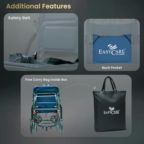 Image of EASYCARE - Portable, Metal, with Attendant Break, feature Safety Belt, Back Pocket and Carry Bag, Easy for Mobility Travelling Wheelchair (Blue Travel Wheelchair)