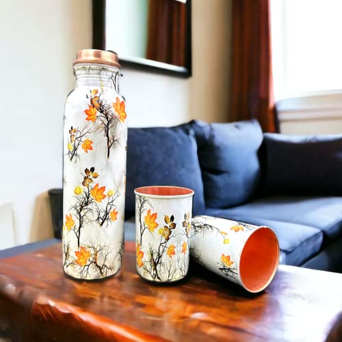 Image of Copper Water Bottle 1 Ltr | Copper Water Bottle with Glass Set | Meena Work | 100% Pure | Leak-Proof | 2 Water Glass 300ml each | Best for Gifting ((Meena Worked - Leaf Design - 1))