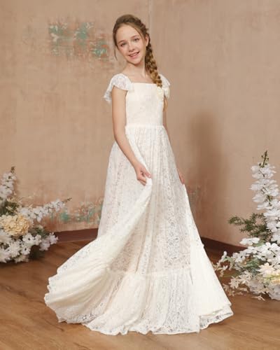 JISISANG Boho Lace Flower Girls Long Dress for Wedding Cap Sleeves First Communion Dress Girls A Line Princess Dress3