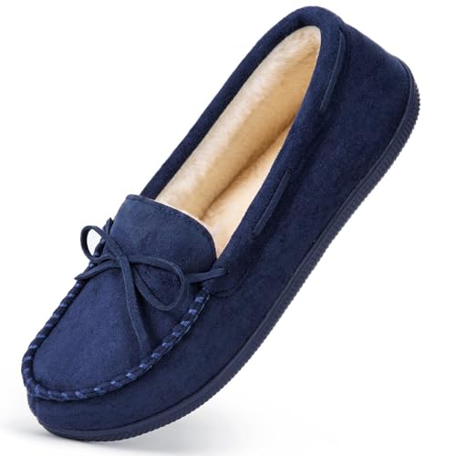HomeTop Womens Moccasin Slippers Comfy Warm Fluffy Memory Foam Non-Slip Indoor House Shoes Sapphire Blue 5 UK