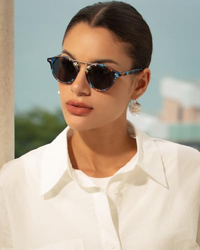 Image of CARFIA Small Face Acetate Polarized Sunglasses for Women UV Protection, Retro Double Bridge Eyewears Metal Brow Round Sunnies