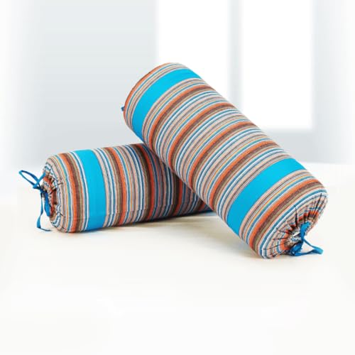 Image of AURAVE Woven Cotton 144 TC Bolster Cover with Drawstring Closure, Set of 2, Soft Breathable Durable Machine Washable for Sofa Bed & Home Decor, 15 inchx30 inch, Blue | Cover Only