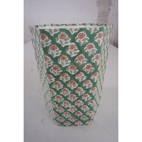 Image of Floral Hand Block Printed 3.3 Gallon Decorative Waste Basket - Eco-Friendly Cardboard Trash Can, Plastic-Free & Sustainable, Perfect for Christmas and Housewarming Gifts (1, Green Botti)