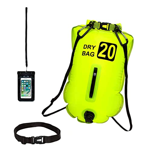 gemola Boya Natacion Aguas Abiertas Boya Hinchable Estanca con Cinturon Ajustable y Funda Impermeable para Movil - 3 Funciones Boya Mochila Cojin (20L Amarillo)