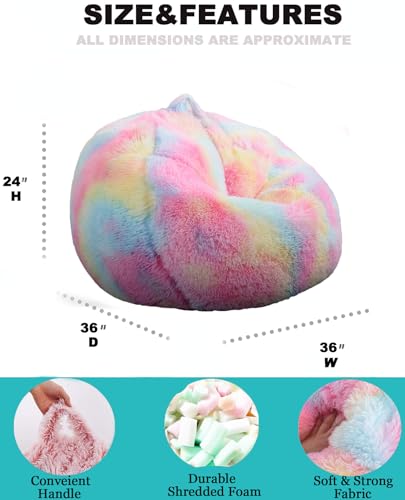 Image of Fluffy Bean Bag Chair, 3FT Round Memory Foam Filled Bean Bag for Teens & Kids, Ultra Soft Faux Fur Fabric Bean Bag Chairs for Playroom, Living Room, Bedroom, Rainbow