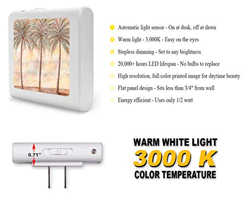 Image of Art Plates Plug in Dimmable LED Night Light with Dusk to Dawn Auto Sensor, Adjustable Brightness, Warm Light, Auto On-Off Nightlight for Bathroom, Hallway, Nursery, Bedrooms - Palm Trees