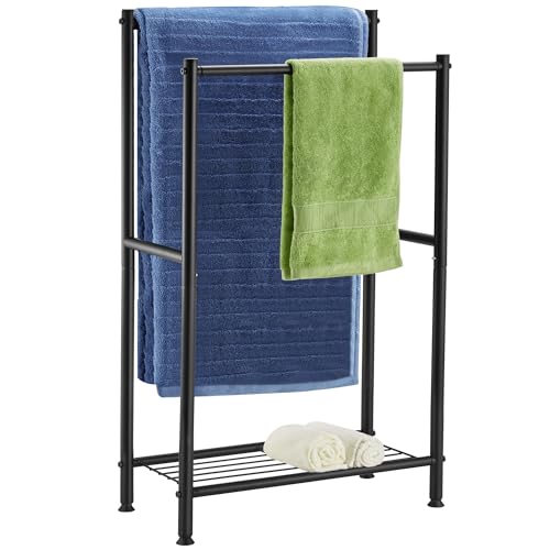 Free Standing Towel Rack, 2 Tier Towel Racks for Bathroom with Storage Shelves, Outdoor Standing Towel Drying Rack for Poolside, Black, DECLUTTR by DECLUTTR - Used condition - US$22.07