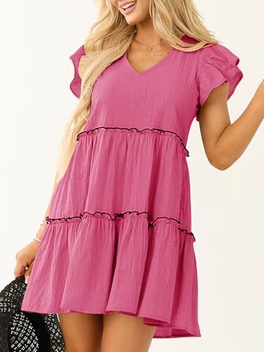 Image of Women's Summer Babydoll Mini Dress V Neck Tie Back Ruffle Sleeve Casual Tiered Loose Flowy Swing Tunic Shift Dress