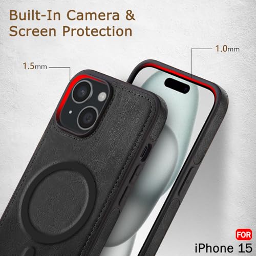 Image of TheGiftKart Genuine Leather Finish Back Cover Case for iPhone 15 | Shockproof Design | Raised Edges for Camera & Screen Protection | Stunning Minimalist Design Case Cover (MagSafe Compatible, Black)