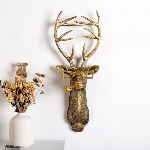 gresonic 3D Head Wall Mount Ornament, têtes d'animaux pour sculptures suspendues d'art mural, décorations en résine bronsée pour la maison (Tête de cerf en résine)