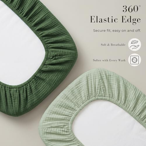 Image of MairMore 3 Pack Muslin Fitted Bassinet Sheets for Babies, Soft & Breathable 100% Cotton Bedside Sleeper Bassinet Sheet, Moses Basket Oval Rectangle Pad /Mattress (Grass Green)