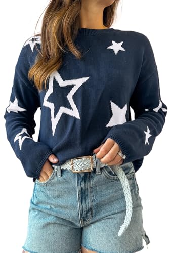 Women's Sail Blue Star Pattern Drop Shoulder Knitted Sweater