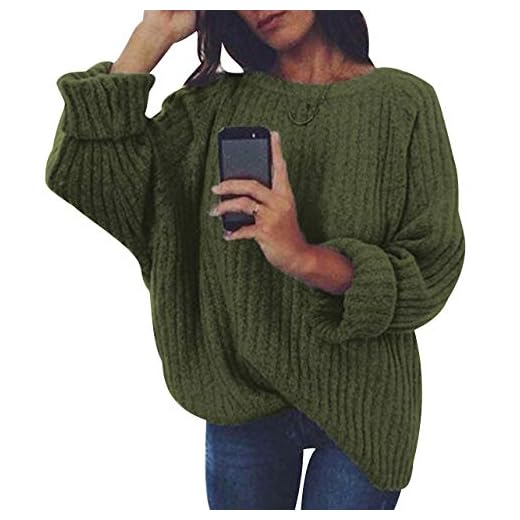 Jersey Punto Mujer Sueter Manga Larga Jerseys Grueso De Señora Oversize Jerséis Largo Jerseis Cuello Redondo Chica Sweaters De Mujer Suéter Pullover Tejido Grueso Anchos Amplio Invierno Verde S