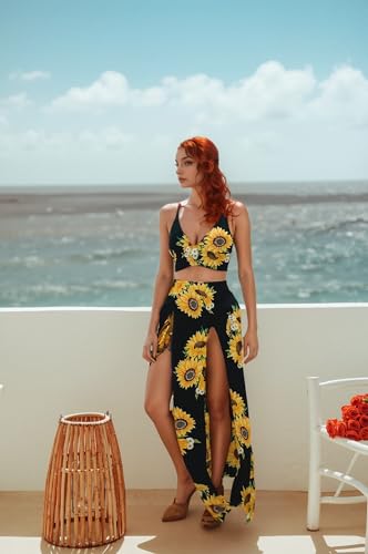 Image of Women Sexy 2 Piece Outfits Dress Chiffon Strap Deep V Neck Bra Crop Top High Split Maxi Dresses Skirt Set