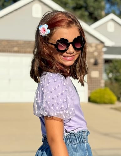 Image of Arshiner Girls Shirts Mesh Puff Short Sleeves Blouse Crewneck Cute Print Summer Kids Tee Tops