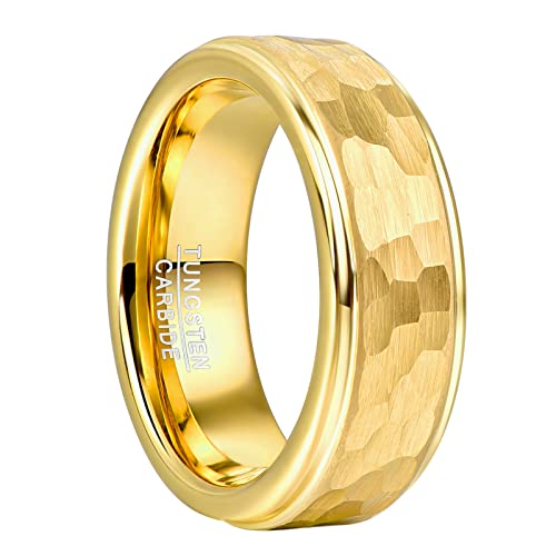 NUNCAD Ringe Gold Herren 8mm Wolfram Ring Facettiert Eheringe für Männer Gehämmerte Partnerring für Hochzeit, Versprechen, Alltag, Größe 62(19.7)