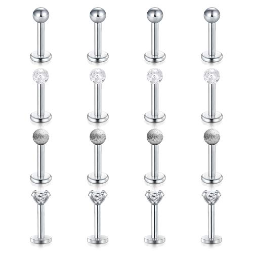 Mayhoop 16Piezas 16G Piercing Labio Labret Oreja Acero Inoxidable Zircón Anillo de Labios Tragus Helix Daith Studs Mujer Hombre Plata Joyería de Piercing 6mm Cover