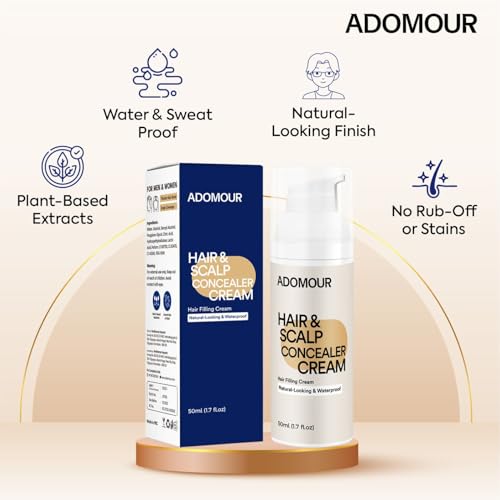 Image of ADOMOUR Hair & Scalp Concealer Cream, 50ml | Covers Grey Roots & Bald Spots Instantly | Sweat Resistant & Stain Proof 24 Hour Formula | Professional & Natural Looking Hair Coverage | For Men & Women (Dark Brown)