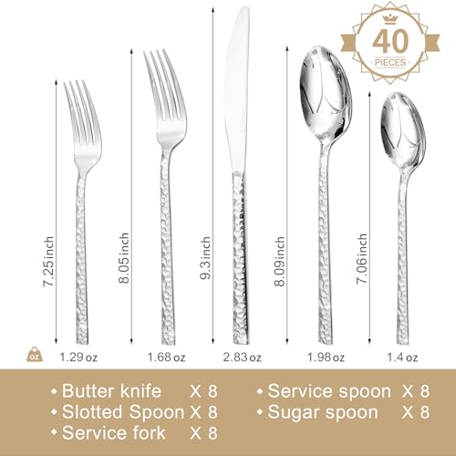Image of KINGSTONE 40 Piece Hammered Silverware Set, 18 /10 Stainless Steel Flatware Set for 8, Cutlery Set for Home, Party, Wedding, Mirror Polished Dishwasher Safe