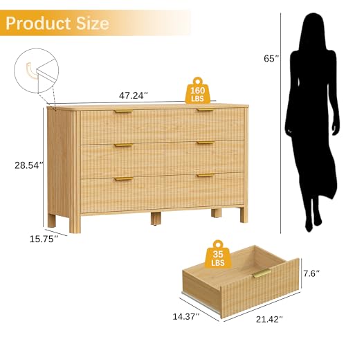 Image of Wodeer 6 Drawer Dresser for Bedroom, 47 inch W Wood Storage Cabinet with Fluted Design, Modern Chest of Drawers & TV Stand for Living Room, Nursery Clothing Organizer with Metal Slides, Anti-Tipping
