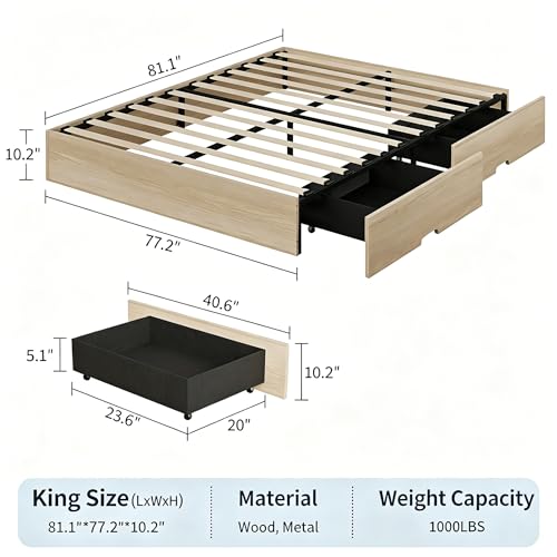 IDEALHOUSE King Bed Frame with 2 Storage Drawers, Wooden Bed Frame Without Headboard, Minimalist Floor Platform Bed, Wood Slat Support, Noise Free, No Box Spring Needed, Easy Assembly - Image 2