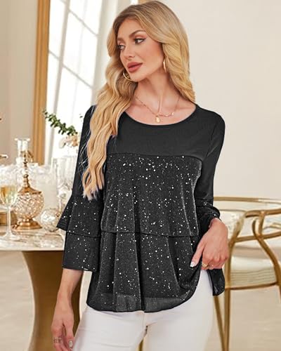 Bebonnie Womens Dressy Sparkly Peplum Tops 3/4 Sleeve Ruffles Elegant Evening Flowy Blouses4