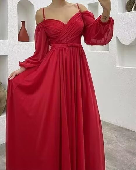 Off The Shoulder Chiffon Bridesmaid Dresses Long Sleeve Spaghetti Strap Aline Bridesmaid Dress with Silt4