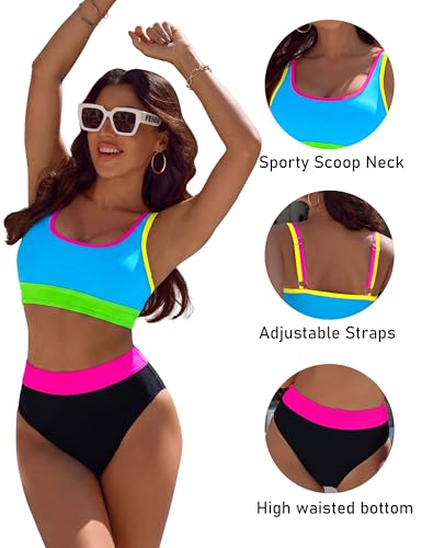Image of BMJL Women's High Waisted Bikini Sets Sporty Two Piece Swimsuits Color Block Tummy Control Modest Bathing Suit