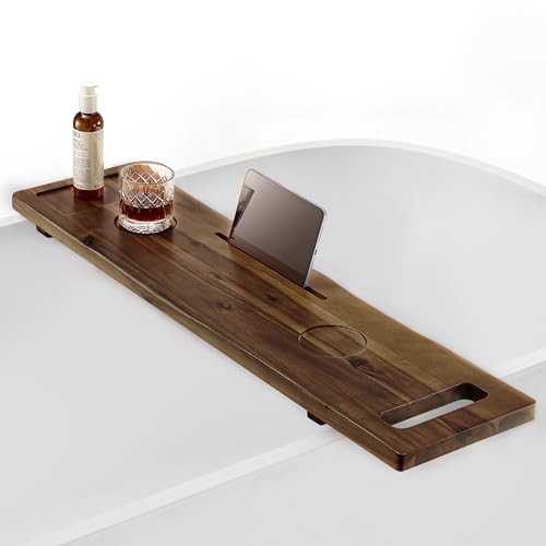 TINAMO 39″L Wooden Bathtub Tray with Adjustable Legs and Essentials Holders | Acacia Wood, Adjustable Width, 39″ x 9.8″ x 2.5″, Multi-functional Storage, Integrated Handles, Anti-Tipping, Walnut Finish