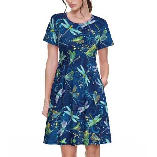 Robe de plage imprimé libellule bleue fluide à manches courtes et col rond mode été femme