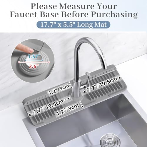 Image of PoYang 17.7 inch Faucet Mat for Kitchen Sink Splash Guard, 7 Slope Silicone Sink Water Splash Guard for Kitchen Sink Area with Snap Button, Long Sink Protectors for kitchen Sink Sponge Holder, Grey