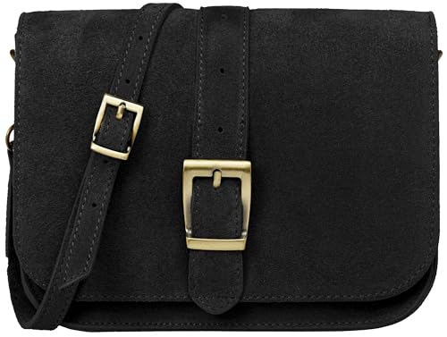 Caspar Vintage Leder Umhängetasche Trachtentasche Mittelgroße Dirndl Damen Handtasche aus Veloursleder - PREMIUM LINE - Modell No.824 - Made in Italy, Farbe:schwarz