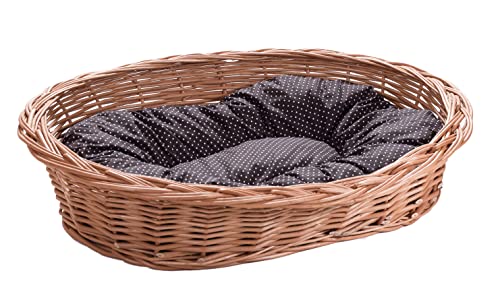 Wiklinowy Świat - Hundebett Weidenkorb Katzenbett, Weidenbett für Haustiere - Hundekörbchen, natürlich warm, atmungsaktiv und stilvoll - Verschiedene Größen 66x47x15cm - gepunktetes braunes Kissen