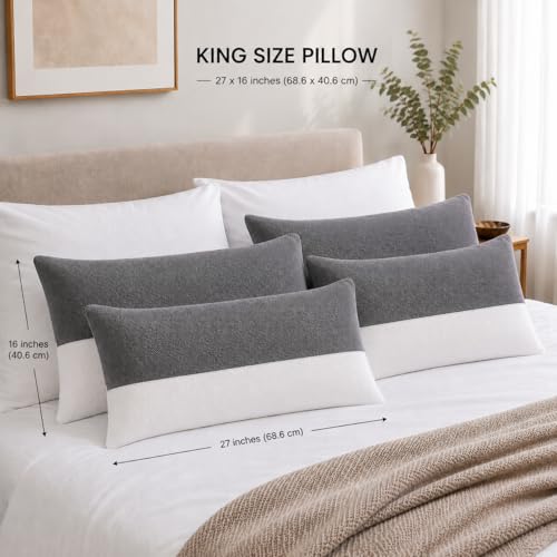Image of Hollow Fiber Sleeping Pillow for Bed | Adjustable Height with Zip | Breathable Mesh Fabric, Back and Neck Support Pillow for Reading, Grey & White, 27 x 16 Inch, Set of 4