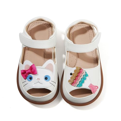 Toddler Girl Sandals with Kitten Fishing Pattern, Little Girls Closed Toe Sandals, Breathable Leather Kids Summer Shoes Ages 2-7 (White, Toddler, 7)