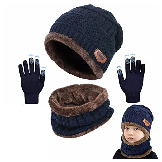 CheChury Niños Sombreros de Caliente Punto Tubular Bufanda Forro de Lana Conjunto de Bufanda Gorro Niñas Guantes Cuello Redondo Bebé Regalos de Invierno,3-14 Años