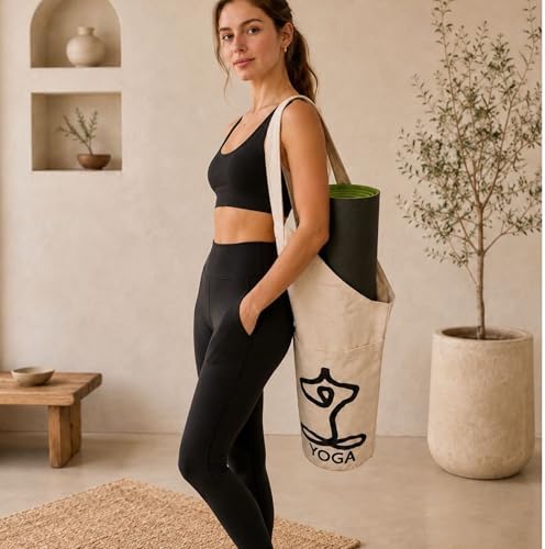 Yoga Mat Bag, Yoga Mat Carrier, Exercise Mat Bag, 100% Cotton, Fits Standard & Large Mats, Embroidered Logo & Yoga Print, Unisex, Natural image 5