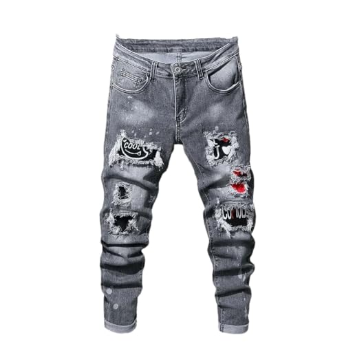 Men’S Chic Ripped Skinny Straight Denim Pants Slim Fit Zipper Fly Heavyweight Pattern Streetwear Hip Hop Jeans