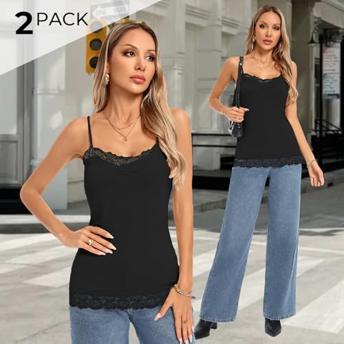 Image of Kate Kasin Women's Adjustable Spaghetti Strap Lace Trim Cami Tunic Tank Top 2PACK