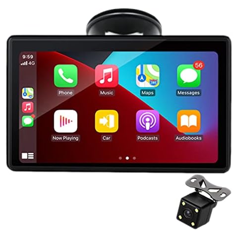 Wireless Apple Carplayer Android Auto Monitor, 7 Inch Full HD Touch Screen Portable Car Radio Receiver, Car Stereo with Mirror Link, Bluetooth Dash Windshield Mounted with Rear View Camera Cover