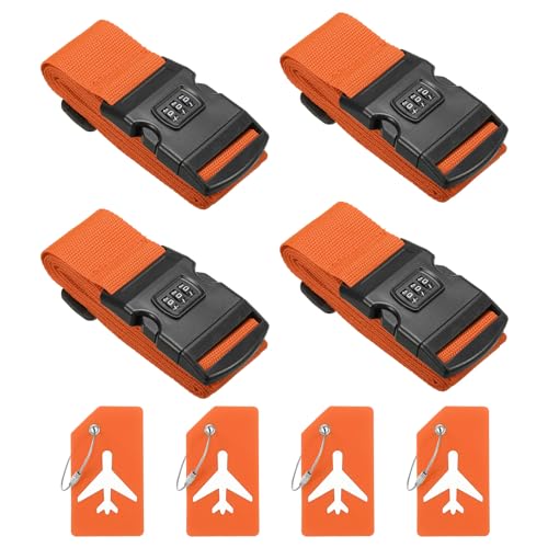 Image of PATIKIL Luggage Strap with Combination Lock Luggage Tag and Loop 78 inchx2 inch, 4 Set Adjustable Suitcase Belt for Travel Packing Bag Closure Identify, Orange