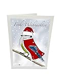  Gemalte Blaumeise als Weihnachtsmann im Schnee Vogel-Motiv Weihnachts-Karte mit Umschlag