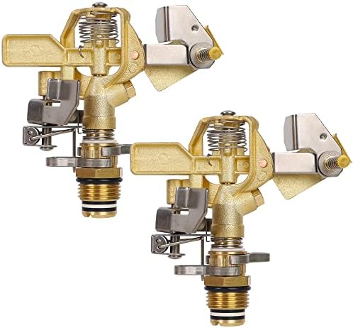 Biswing 1/2 Inch Brass Impact Sprinkler 2 Pack, Heavy Duty Lawn Sprinkler Head with Nozzles, Adjustable 20 - 360 Degree Large Coverage Pattern, Watering Sprinkler for Grass Patio Garden Irrigation
