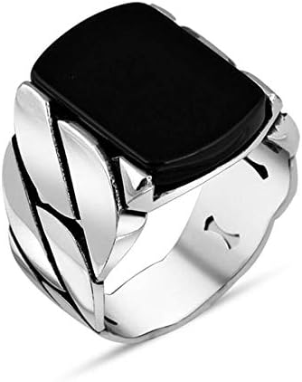 925 Sterling Silver Gemstone Side Chain Pattern Men's Ring (Black Onyx, 14)