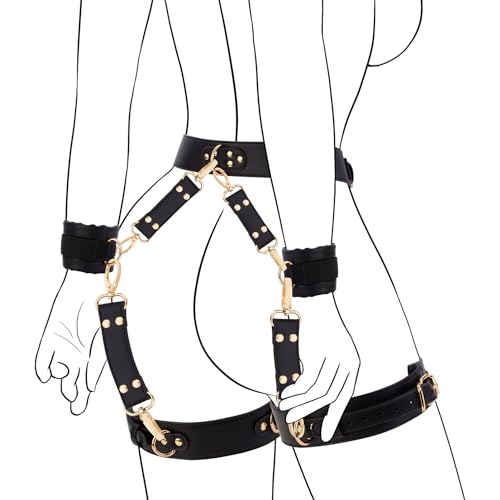 Image of UTIMI Sex Bondage BDSM Kit Restraints Adult SM 6PCS Sets with Adjustable Handcuffs Ankle Cuff Thigh Cuffs Waist Strap Blindfold Cross Strap Sex Toys for Men Women and Couples, Black
