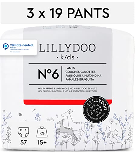 Pañales-braguita hipoalergénicos LILLYDOO, talla 6 (15+ kg), 3 paquetes de 19 pañales braguita (57 pañales)