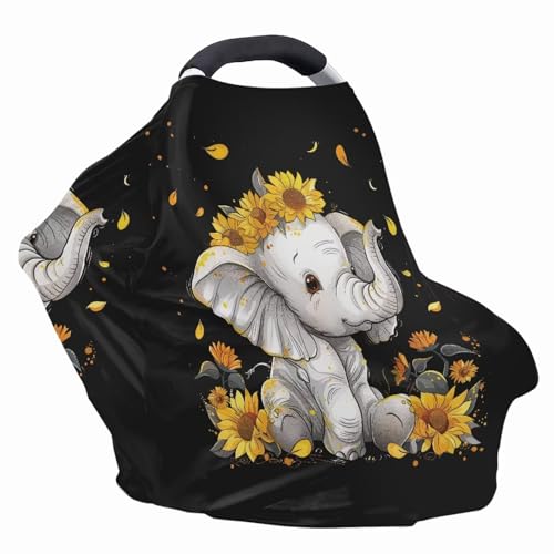 Image of ZFRXIGN Elephant Sunflower Baby Car Seat Cover Cute Nursing Breathable Scarf Carseat Canopy Multi-Use Cover Ups for Stroller High Chair Shopping Cart Gifts Animal Black